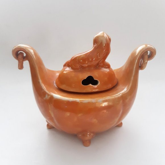 Shofu Japan VTG Incense Burner Jar 1930s Orange Lusterware Art Deco Rare - Picture 3 of 11